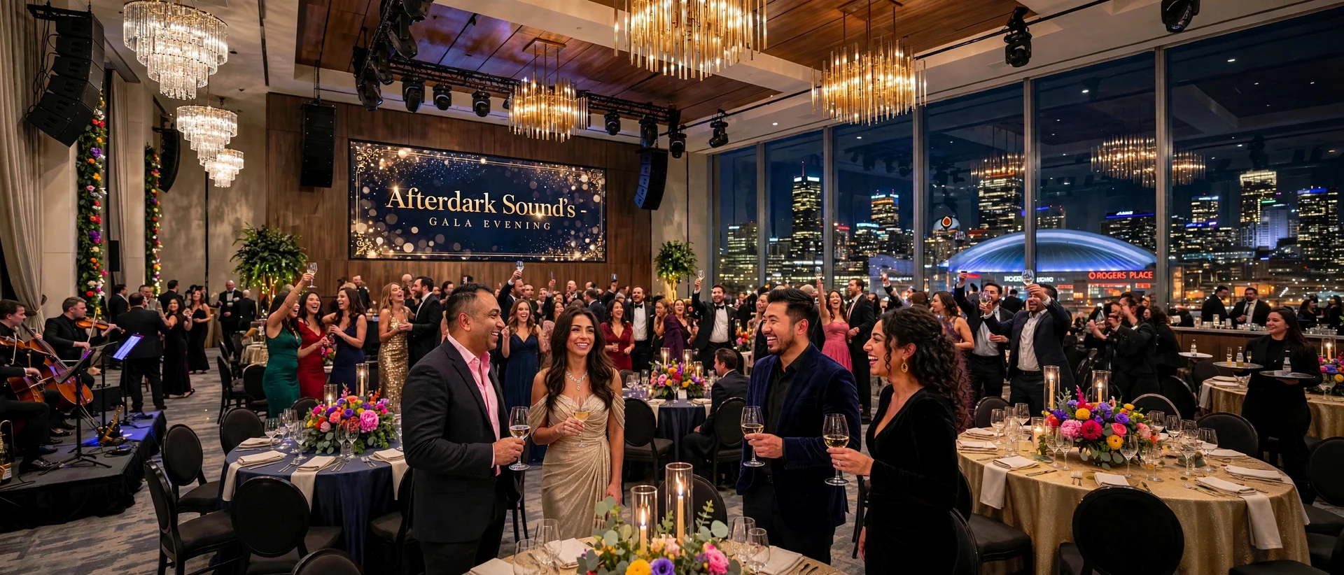 Edmonton ICE District banquet hall packed with guests, LED video wall and installed line-array speakers at a gala evening - Afterdark Sound & Media Edmonton