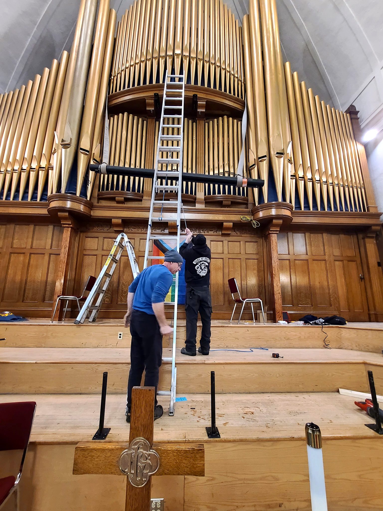 Church organ loft AV install